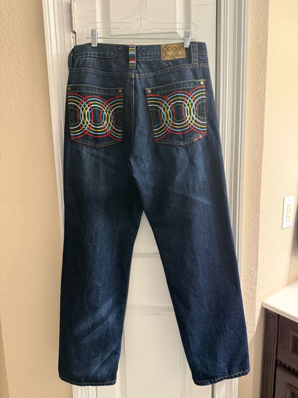 Y2K COOGI Men’s Dark Blue Jeans with Multicolor Embroidery On Back Pockets